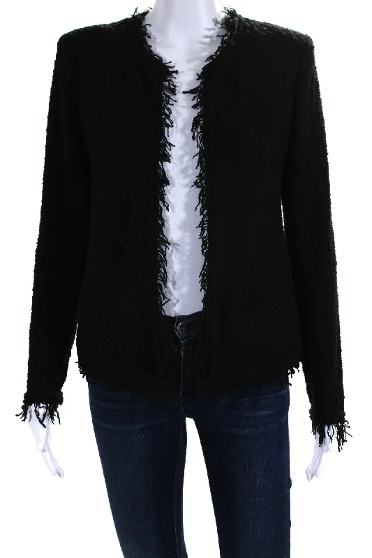 IRO Womens Cotton Fringe Trim Two Pocket Open Front Blazer Jacket Black