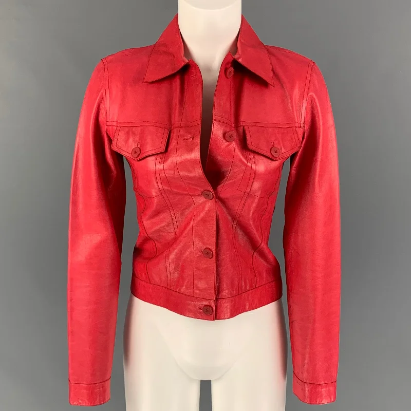 JIL SANDER Size 6 Red Leather Trucker Jacket Collared Jacket Crew Neck Jacket Turtle Neck Jacket JIL SANDER Size 6 Red Leather Trucker Jacket Collared Jacket Crew Neck Jacket Turtle Neck Jacket