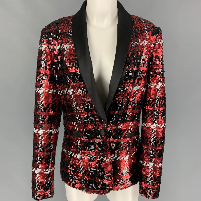 L'AGENCE Size 8 Black Red Polyester Sequined Jacket Welt Pockets Slit Pockets Flap Pockets L'AGENCE Size 8 Black Red Polyester Sequined Jacket Welt Pockets Slit Pockets Flap Pockets