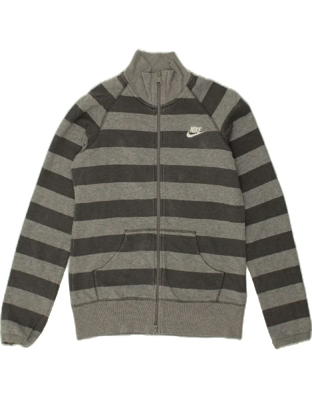 NIKE Womens Tracksuit Top Jacket UK 14 Medium Grey Striped Cotton