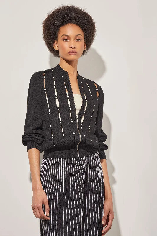 Open Slit Jacket - Pearl Embellishments Soft Knit Insulated Jacket Fitted Jacket Loose Jacket