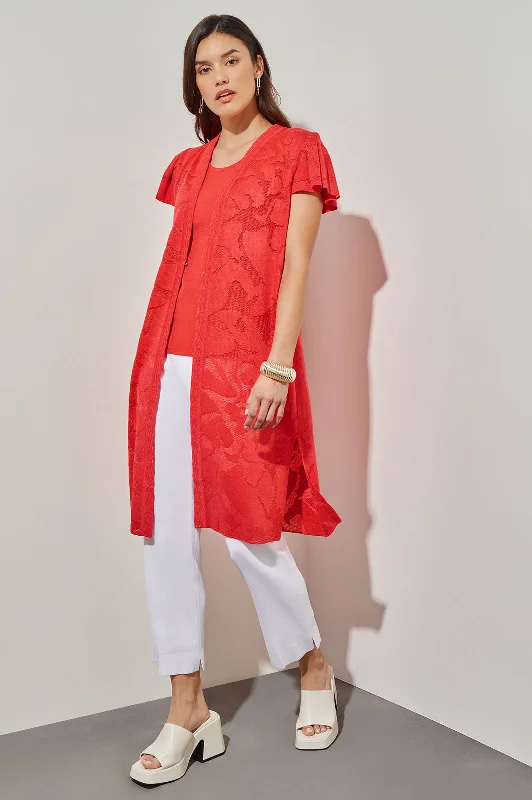 Plus Size Longline Jacket - Floral Burnout Soft Knit Welt Pockets Slit Pockets Flap Pockets Plus Size Longline Jacket - Floral Burnout Soft Knit Welt Pockets Slit Pockets Flap Pockets