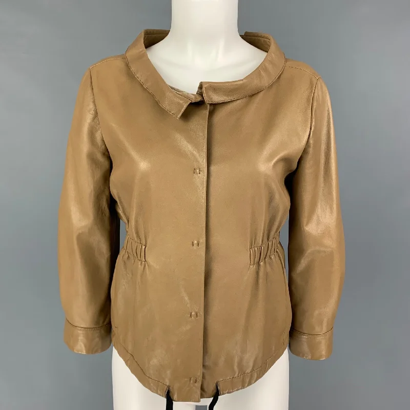 PRADA Size 4 Tan Leather 3/4 Sleeves Jacket Tiered Jacket Buttoned Jacket Zippered Jacket PRADA Size 4 Tan Leather 3/4 Sleeves Jacket Tiered Jacket Buttoned Jacket Zippered Jacket
