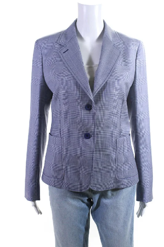 QL2 Womens Diana Glen Check Two Button Blazer Jacket Blue White