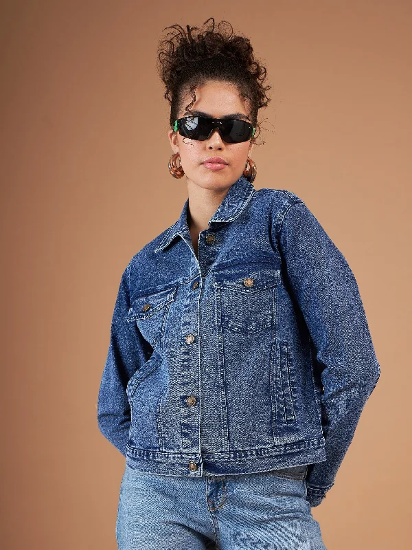 Women Navy Washed Denim Regular Jacket Rayon Fabric Velvet Fabric Corduroy Fabric