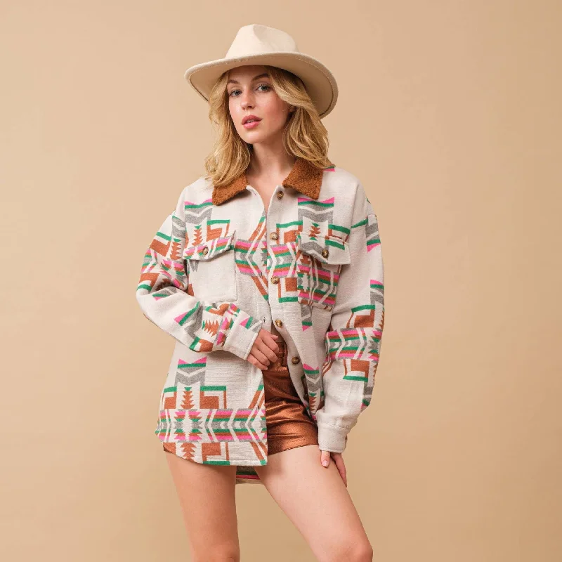 Jacquard Western Shirt Jacket with Aztec Style Pattern A-Line Jacket Boat Neck Shawl Collar Jacquard Western Shirt Jacket with Aztec Style Pattern A-Line Jacket Boat Neck Shawl Collar