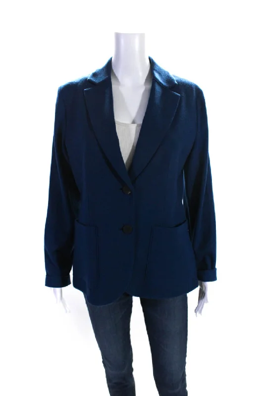 Sharis Womens Two Button Notched Lapel Knit Blazer Jacket Blue Wool