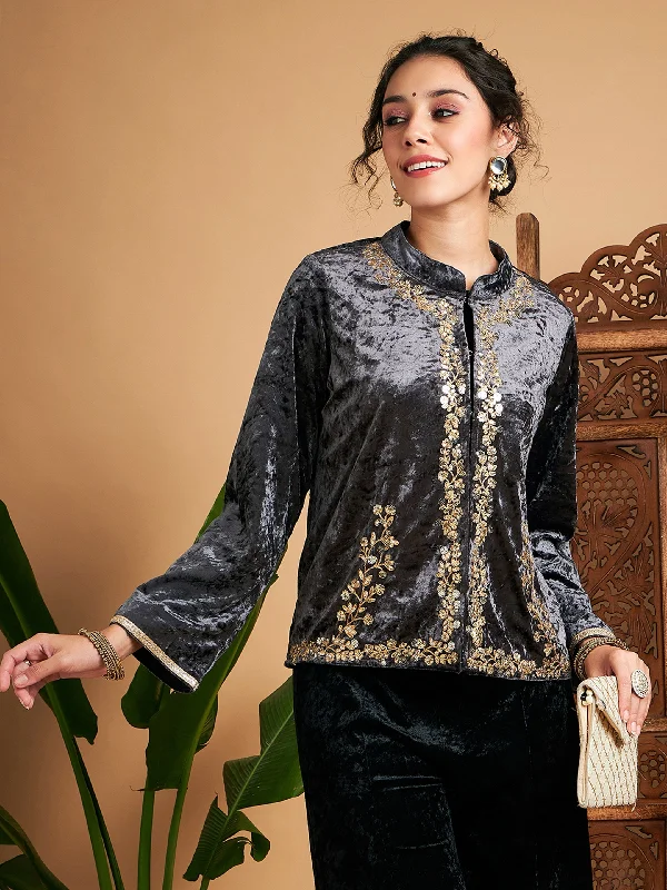 Women Grey Velvet Embroidered Jacket One-Shoulder Jacket Off-the-Shoulder Jacket Asymmetrical Jacket Women Grey Velvet Embroidered Jacket One-Shoulder Jacket Off-the-Shoulder Jacket Asymmetrical Jacket