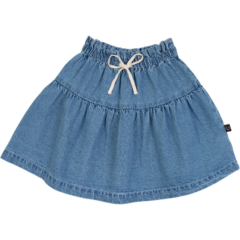 Drop Waist Denim Skirt in Mid Bleach Denim by Wynken leather skirt sleek