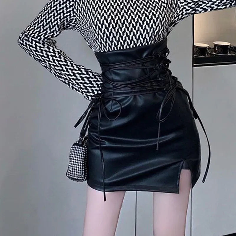 Gothic-Inspired Black Leather Mini Skirt High-Waisted, Slim Fit, Lace-Up Pencil Style with Sexy Club Appeal, Back Zipper, and Split Bag Hip Detail for Women lace skirt intricate Gothic-Inspired Black Leather Mini Skirt High-Waisted, Slim Fit, Lace-Up Pencil Style with Sexy Club Appeal, Back Zipper, and Split Bag Hip Detail for Women lace skirt intricate