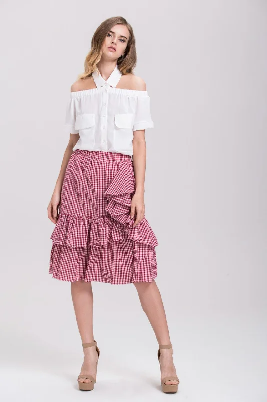 Red Ruffled Gingham Midi Skirt chiffon skirt airy