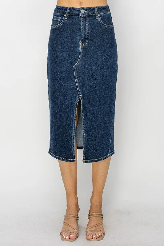 Risen - High Rise Denim Midi Skirt pleated skirt texture