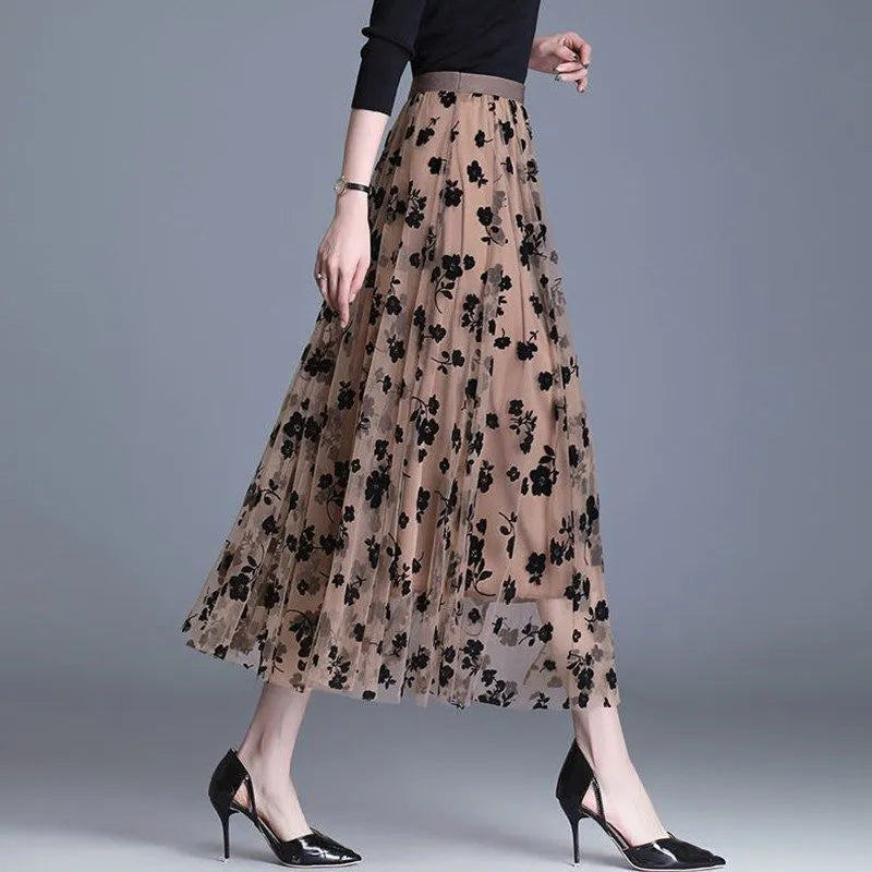 Elegant Mid-length All-match High-waist Slimming Flocking Floral Mesh Long Gauze Skirts Women Autumn Winter High Waisted casual skirt length Elegant Mid-length All-match High-waist Slimming Flocking Floral Mesh Long Gauze Skirts Women Autumn Winter High Waisted casual skirt length