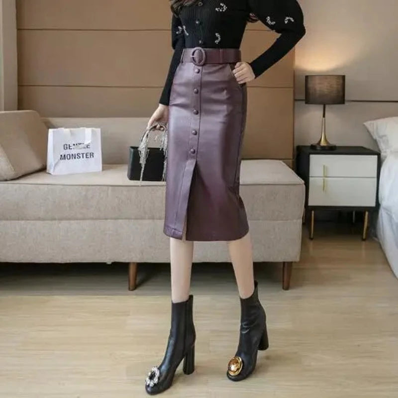 New Streetwear Bodycon Pencil Skirts Women Fashion Korean Style High Waist PU Leather Skirt With Belt Slit Falda Midi Skirt breathable skirt fabric New Streetwear Bodycon Pencil Skirts Women Fashion Korean Style High Waist PU Leather Skirt With Belt Slit Falda Midi Skirt breathable skirt fabric