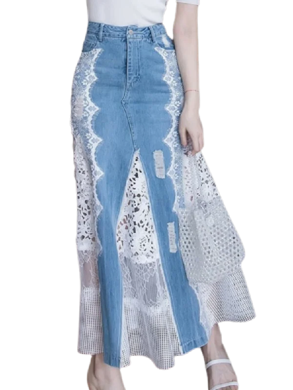 Spring Fashion Long Maxi Denim And Lace Fish Tail Skirt For Women S-2XL Mermaid Style High Waist Summer maxi skirt elegant Spring Fashion Long Maxi Denim And Lace Fish Tail Skirt For Women S-2XL Mermaid Style High Waist Summer maxi skirt elegant