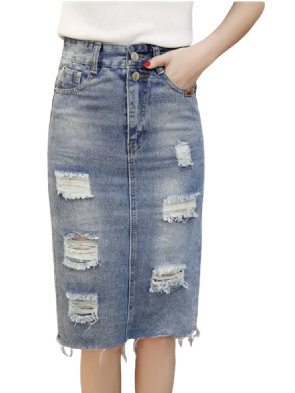 Summer 2023 Denim Teen Skirt High Waist Holes Back Slit Knee-length Midi Skirt Preppy Style pencil skirt chic Summer 2023 Denim Teen Skirt High Waist Holes Back Slit Knee-length Midi Skirt Preppy Style pencil skirt chic