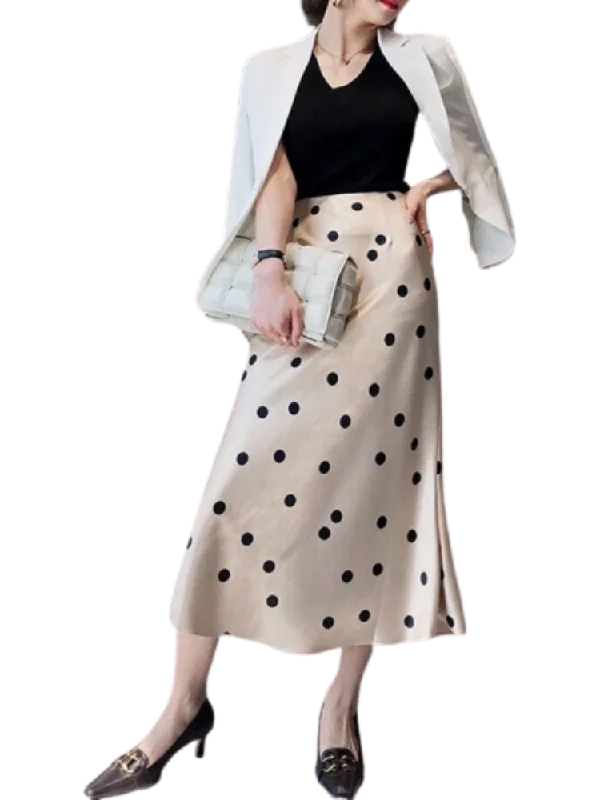 Summer High-waisted Skirt Womens 2023 Vintage Zipper Dots Satin Silk A-line Long Skirts Office Lady Champagne Slim Women Skirt modal blend skirt Summer High-waisted Skirt Womens 2023 Vintage Zipper Dots Satin Silk A-line Long Skirts Office Lady Champagne Slim Women Skirt modal blend skirt