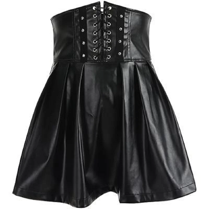 Adjustable Lace Up High Waist Skirt PU Leather Black skirt J30001