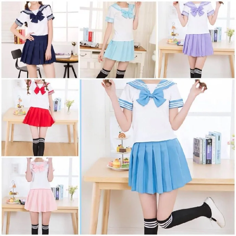 Solid Beautiful Sailor Stripe Top Pleated Skirt School Uniforms J40107