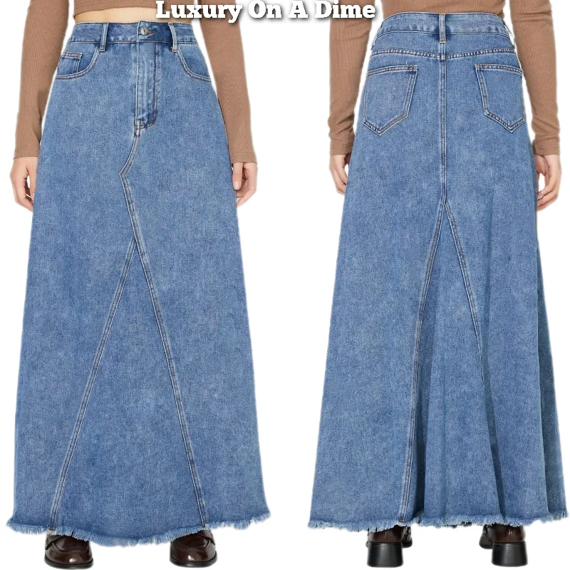 Retro Pocket High-Rise Waist Wide Panel Distressed Fringe Denim Blue Jean Maxi Skirt