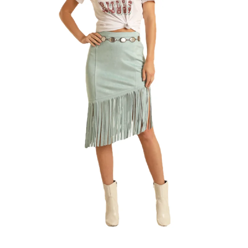 Rock & Roll Denim Ladies Asymmetrical Fringed Light Turquoise Skirt BW69B03278-88