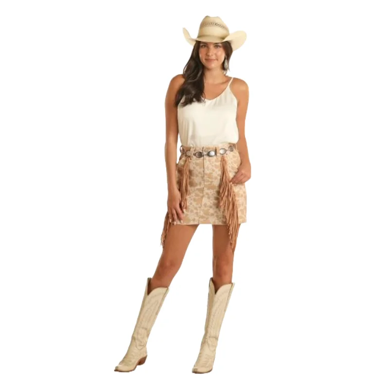 Rock & Roll Denim Ladies Fringe Cowhide Natural Skirt BW69D04501