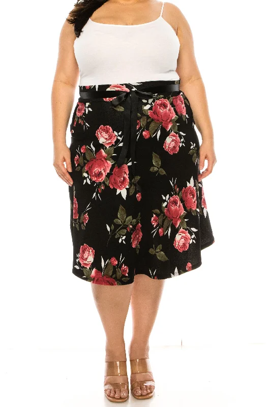 Women's Plus Size Casual Floral Print A Line Waist Bow Tie Belted Knee Length Midi Skirt