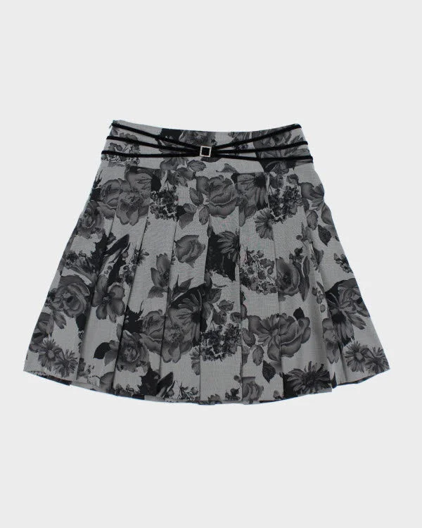 Y2k 00s Floral Grey Mesh Lined Pleated Skirt - XXL