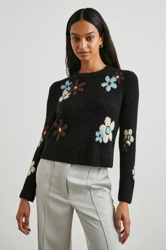 ANISE SWEATER - ONYX BLUE DAISIES Denim Fabric Leather Fabric Suede Fabric
