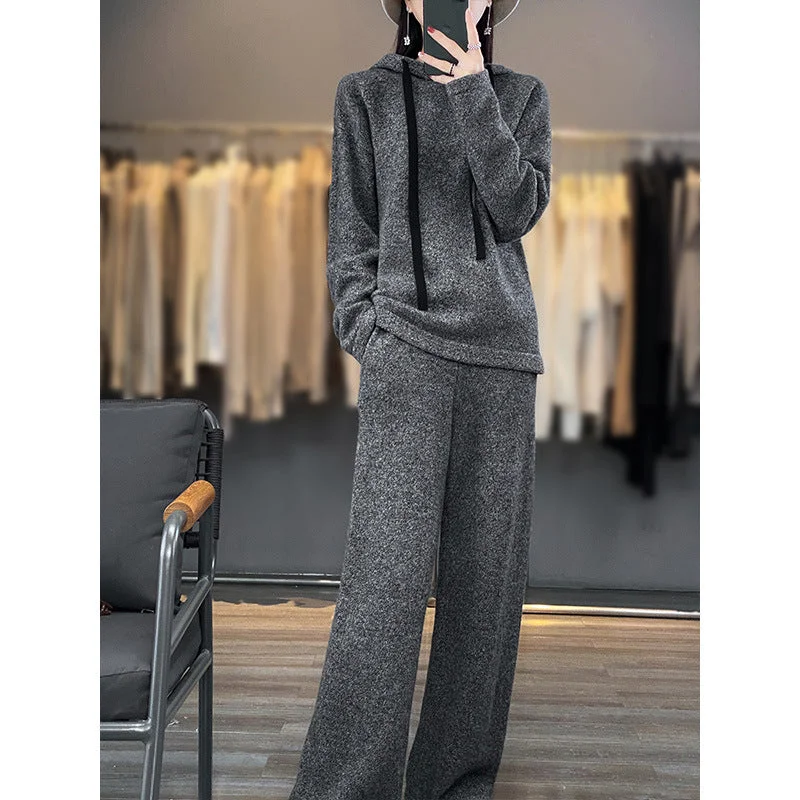 Autumn and winter 2023 new Korean style casual knitted wool two-piece women's loose hooded sweater wide-leg pants suit