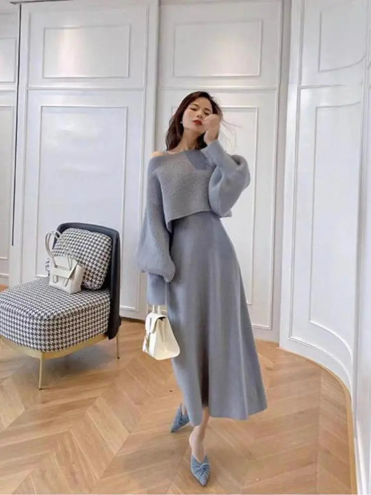 Autumn Winter Vintage Solid Long Sleeve Knitted Sweater Dress Women V Neck Slim Vest Dresses+ Lantern Sleeve Loose Tops Set Terry Terry Cloth Terry Knit Autumn Winter Vintage Solid Long Sleeve Knitted Sweater Dress Women V Neck Slim Vest Dresses+ Lantern Sleeve Loose Tops Set Terry Terry Cloth Terry Knit