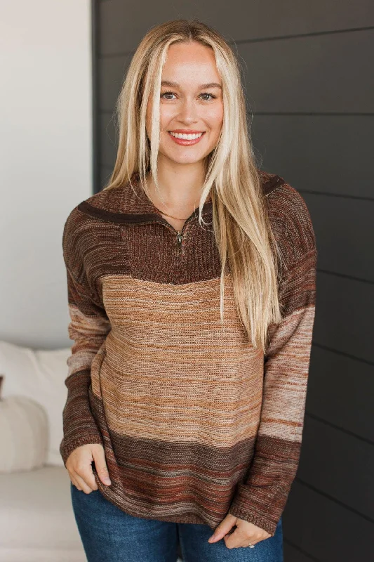 Better By The Fire Quarter Zip Sweater- Brown Multi