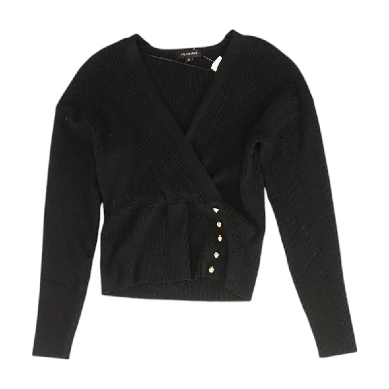 Black Solid V-Neck Sweater Ribbed Striped Patterned