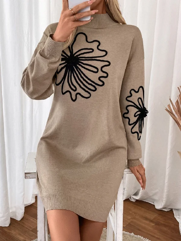 Blue Zone Planet |  Perfee Flower Mock Neck Long Sleeve Sweater Dress