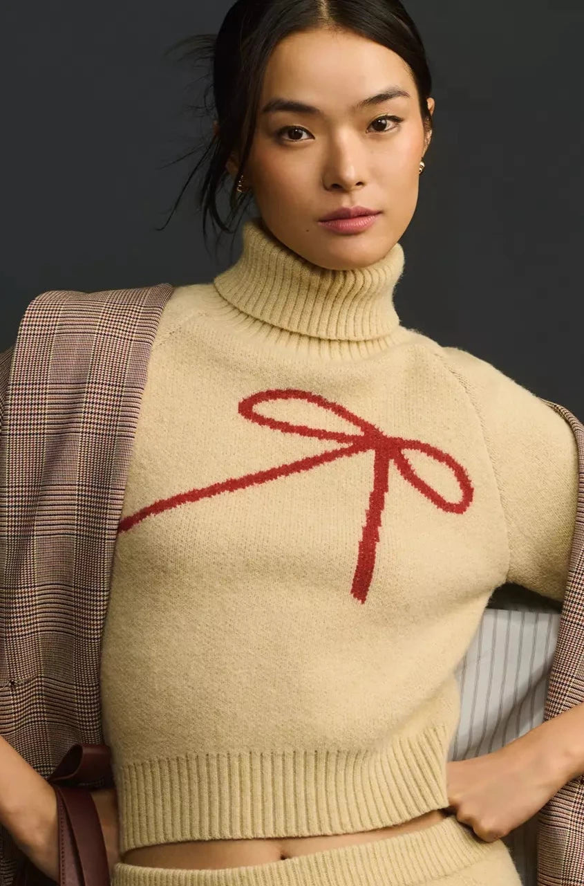 En Saison Fitted Turtle Neck Bow Sweater