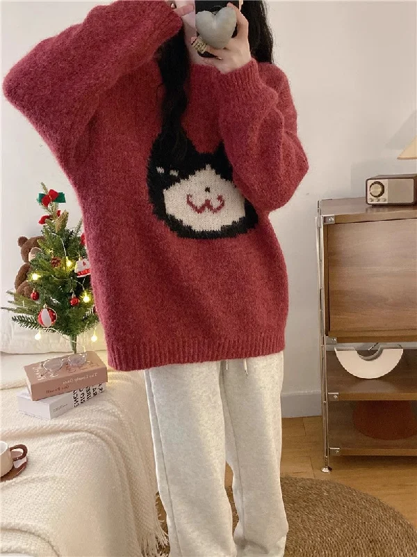 Cartoon cat embroidery soft sweater for women New Year red sweater top S5058 Velvet Chenille Corduroy Cartoon cat embroidery soft sweater for women New Year red sweater top S5058 Velvet Chenille Corduroy