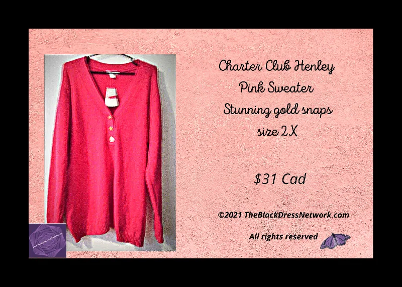 Charter Club Plus 2X New Pink Henley Sweater Stunning Gold Snaps Cotton Stylish Real Fur Shearling Chenille Charter Club Plus 2X New Pink Henley Sweater Stunning Gold Snaps Cotton Stylish Real Fur Shearling Chenille