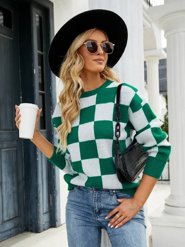 Checkered Sweater Turtle Neck Boat Neck Asymmetrical Neck