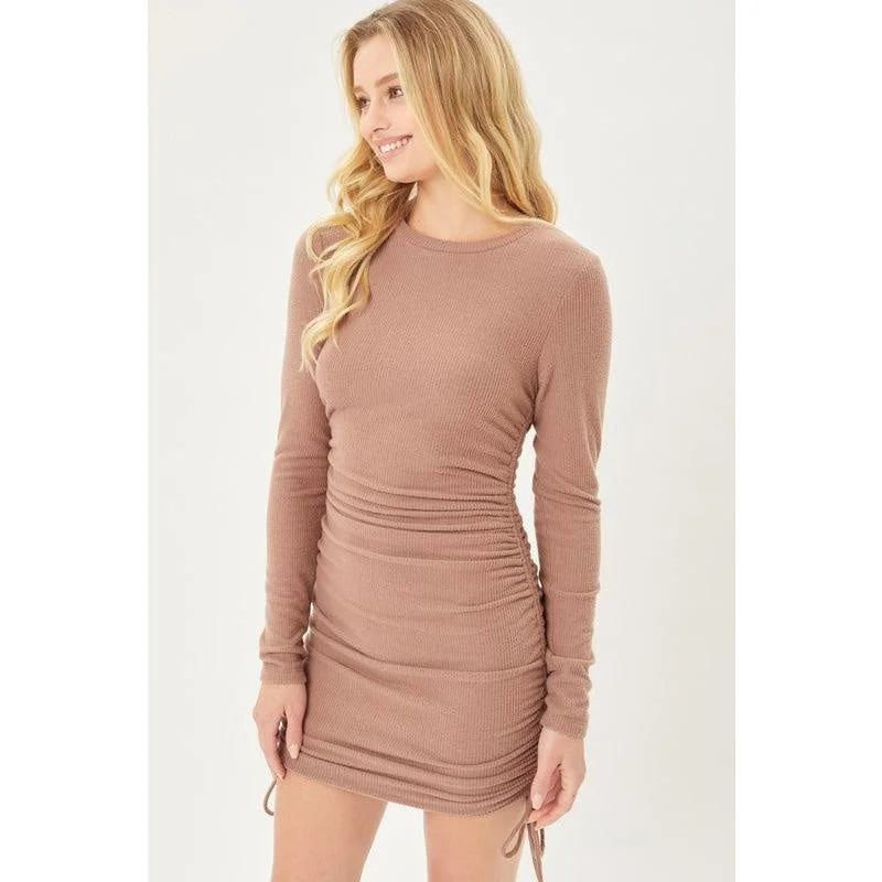 Coco Brown Drawstring Ruched Sweater Dress Terry Blend Velvet Blend Canvas Blend