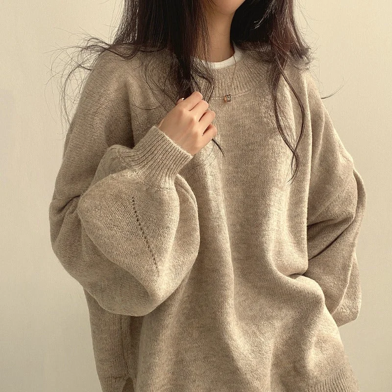 Crewneck Pullover Lantern Sleeve Loose Sweater Woman Open Front Closed Front Wrap Front Crewneck Pullover Lantern Sleeve Loose Sweater Woman Open Front Closed Front Wrap Front
