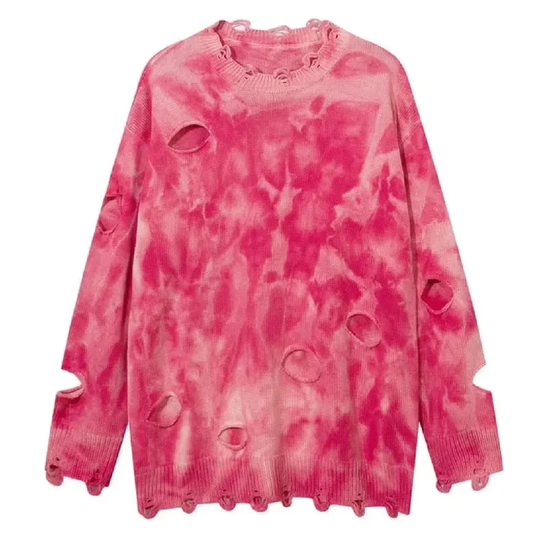 Distressed Tie-Dye Knit Sweater Zippered Front Buttoned Front Snap Front