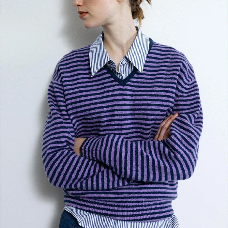 Drop-shoulder Sleeve Thin Woolen Sweater Ultra-fine Mernu Wool V-neck Striped Knitted Top Elasticated Padded Insulated Drop-shoulder Sleeve Thin Woolen Sweater Ultra-fine Mernu Wool V-neck Striped Knitted Top Elasticated Padded Insulated