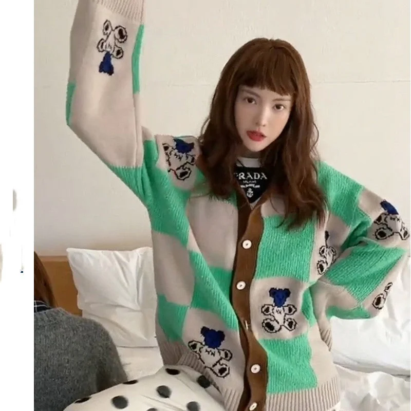 Green Plaid Sweater Coat Cardigan Woman Nylon Fabric Polyester Fabric Spandex Fabric Green Plaid Sweater Coat Cardigan Woman Nylon Fabric Polyester Fabric Spandex Fabric