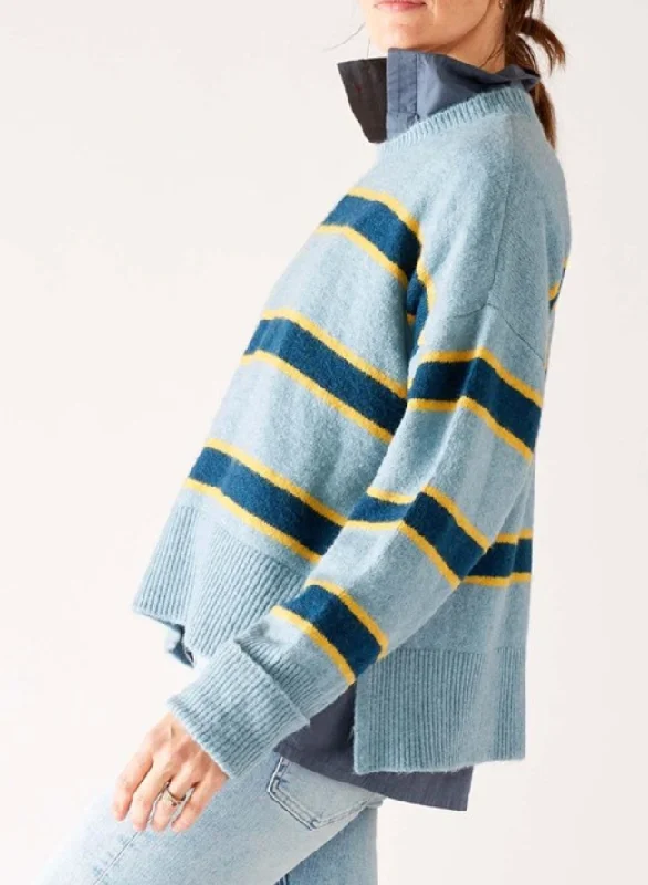 Keeper Crewneck Sweater in Striped Teal Notch Collar Peter Pan Collar Cowl Neck