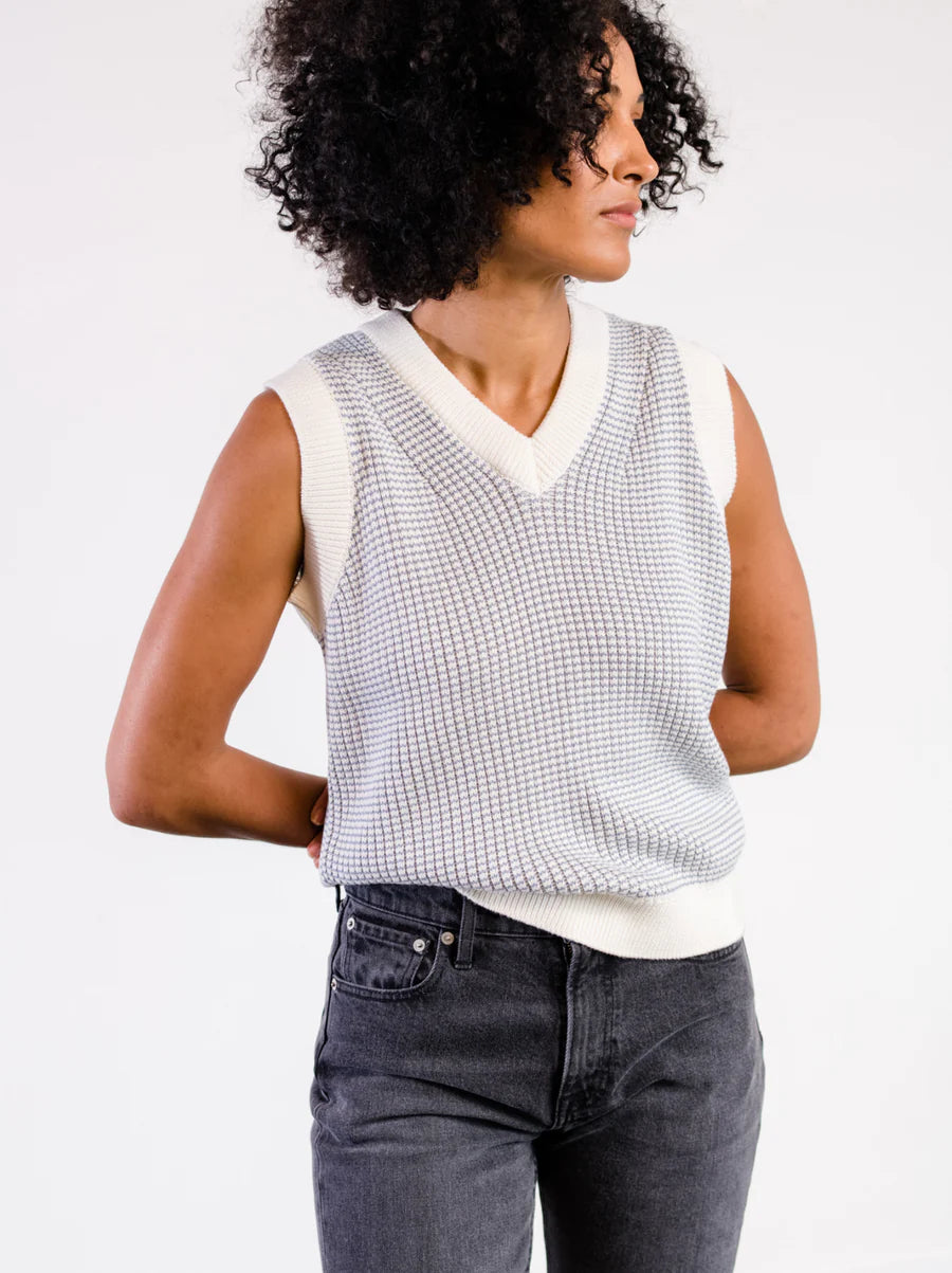 Lisa V-neck Sweater Vest in Slate Blue & Almond Stripe