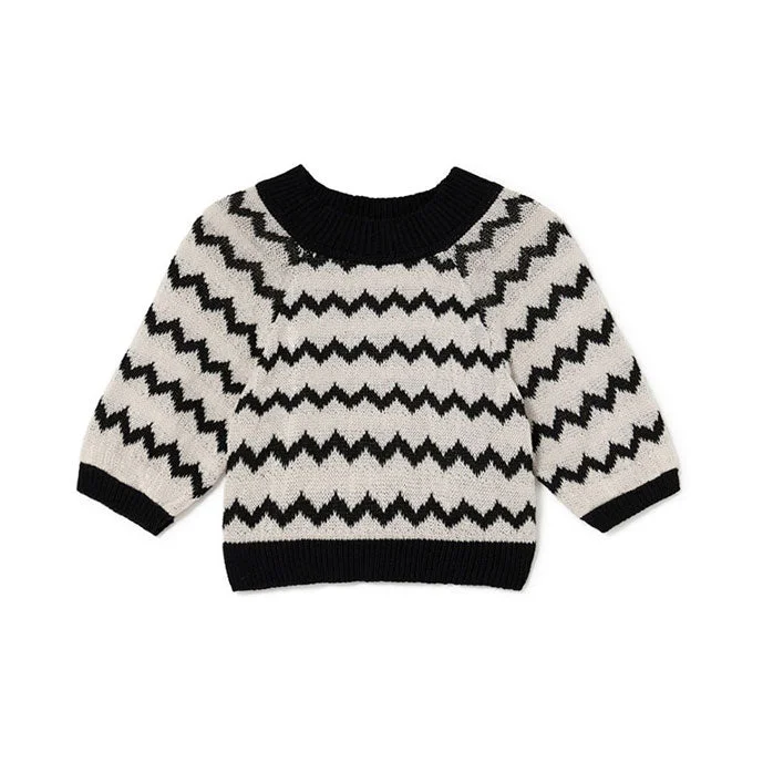 Little Creative Factory Black Wavy Knit Sweater Real Fur Shearling Chenille