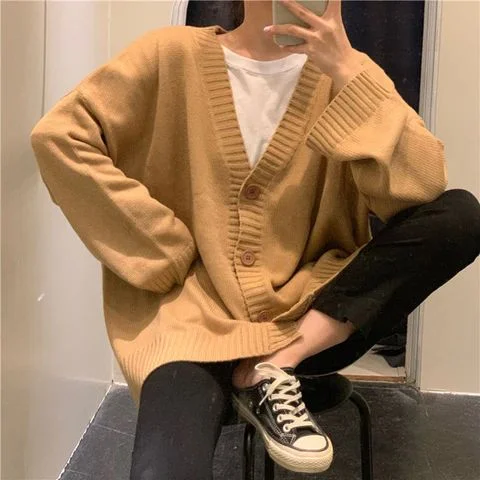 LOOSE V-NECK RETRO BUTTON KNITTED CARDIGAN SWEATER S2787 Boxy Sweater Fitted Sweater A-Line LOOSE V-NECK RETRO BUTTON KNITTED CARDIGAN SWEATER S2787 Boxy Sweater Fitted Sweater A-Line