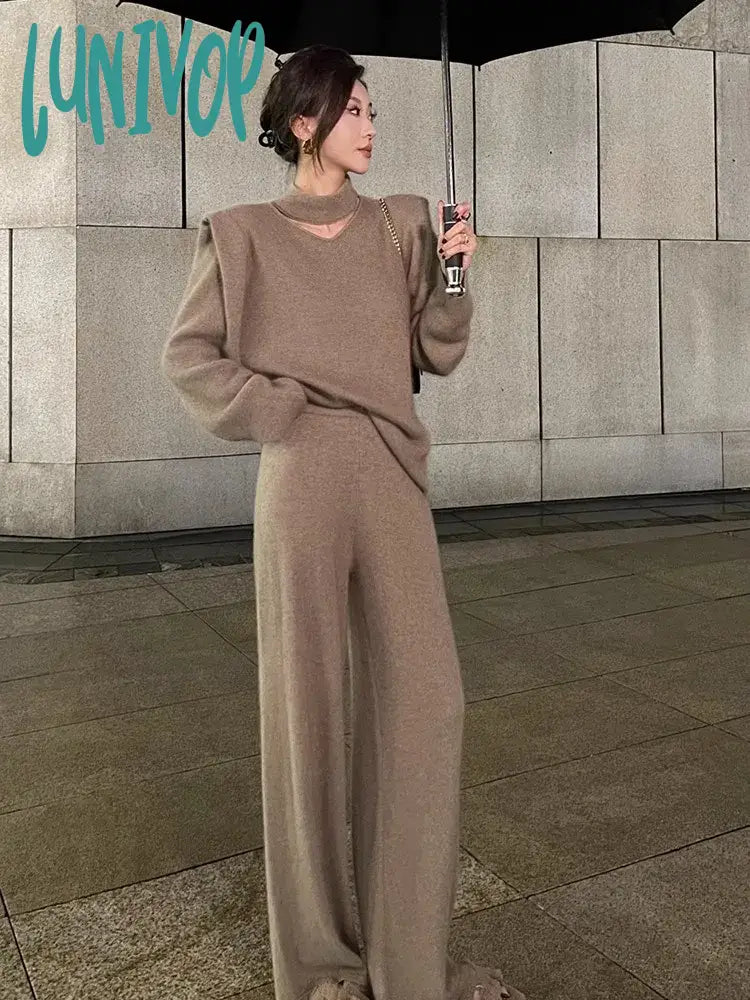 Lunivop Korean Version of the Slim Knitting Suit Ladies Temperament Sweater Wide-legged Pants Fashion Autumn and Winter Two-piece Set