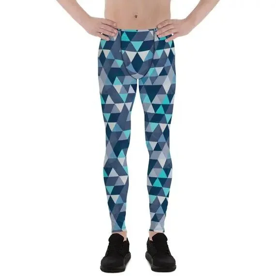 Men's Blue Geometric Triangles Mens Leggings - Moisture Wicking, Quick Drying, Compression Fit Trendy Full-Length Leggings Men's Blue Geometric Triangles Mens Leggings - Moisture Wicking, Quick Drying, Compression Fit Trendy Full-Length Leggings
