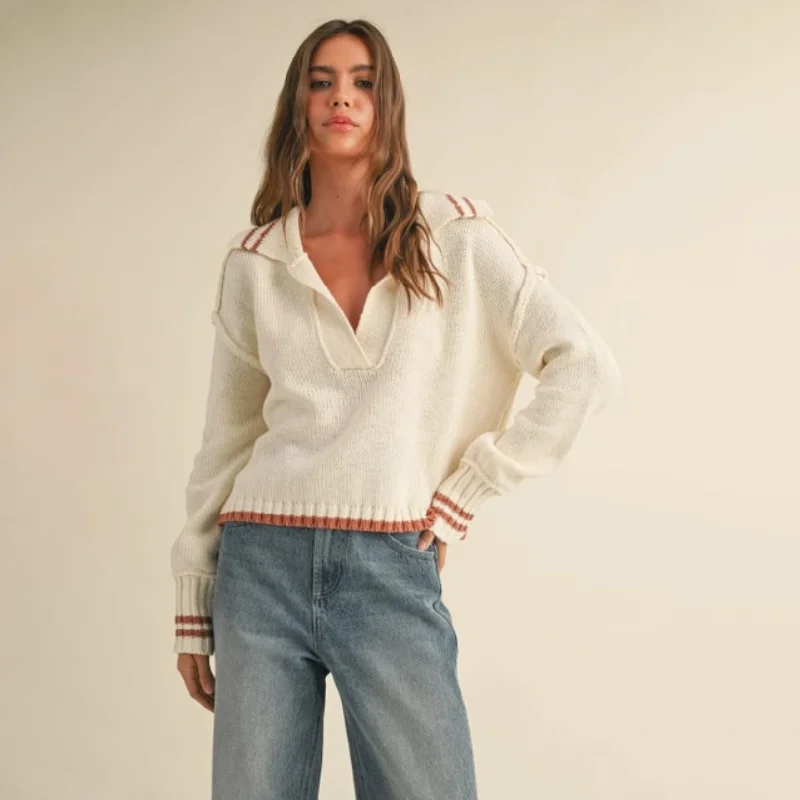 Miou Muse - Color Contrasted Collar Sweater - Toffee Beaded Sweater Sequined Faux Fur Miou Muse - Color Contrasted Collar Sweater - Toffee Beaded Sweater Sequined Faux Fur
